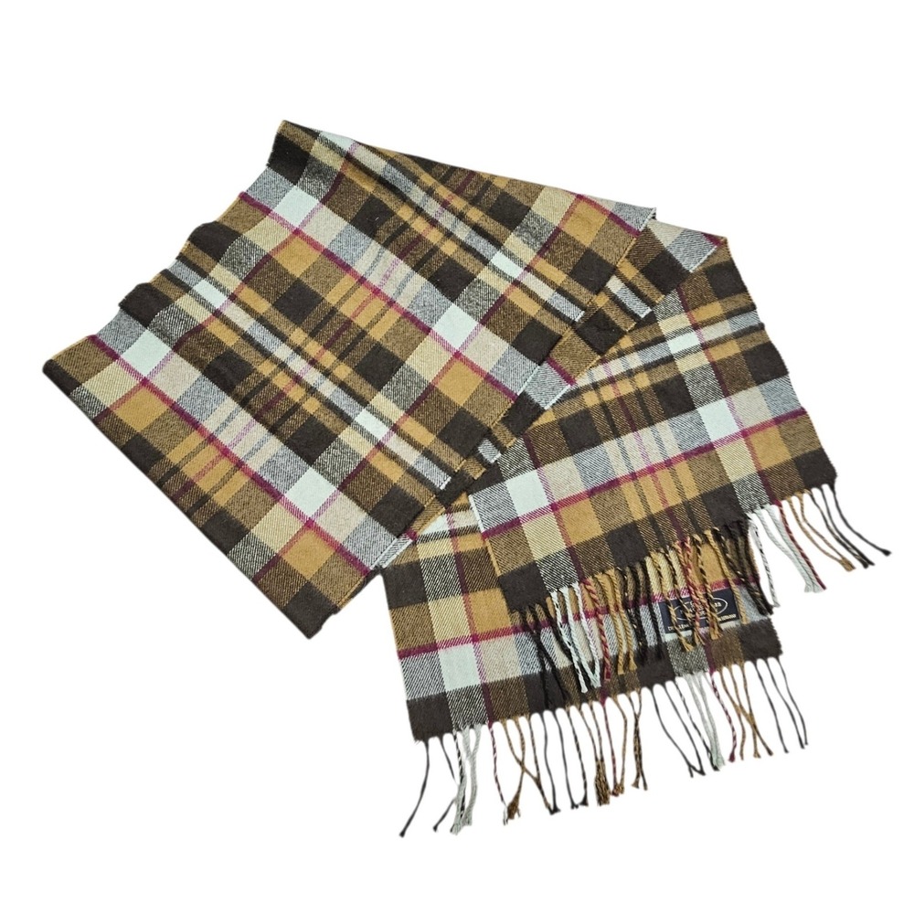 Hand Tailored Scarf Mens Brown Plaid 100% Cashmere Made in Germany Fringed Soft